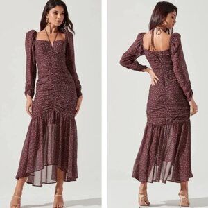 Astr The Label, Athena Floral Ruched Long Sleeve Midi, Brown purple, XS